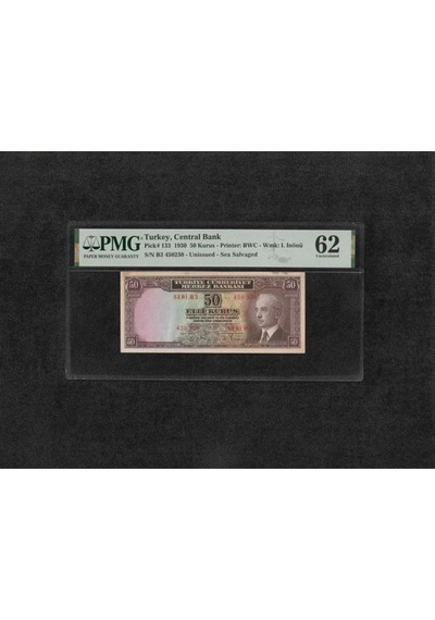 Sertifikalı Pmg 62 Unc Çil Inönü Batan Gemi 50 Elli Kuruş P 133 1930 S/n B3 450230 / 2. Ems