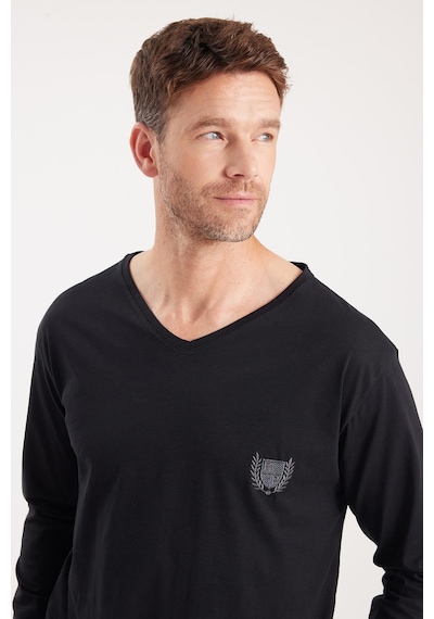 Tudors Erkek Standart Fit %100 Pamuk V Yaka Beli Lastikli Siyah Pijama Takımı-37939 Siyah