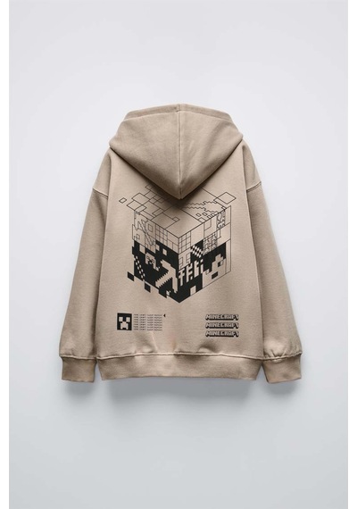 Erkek Çocuk Mınecraft Modelli Pamuk Kapşonlu Sweat Bej