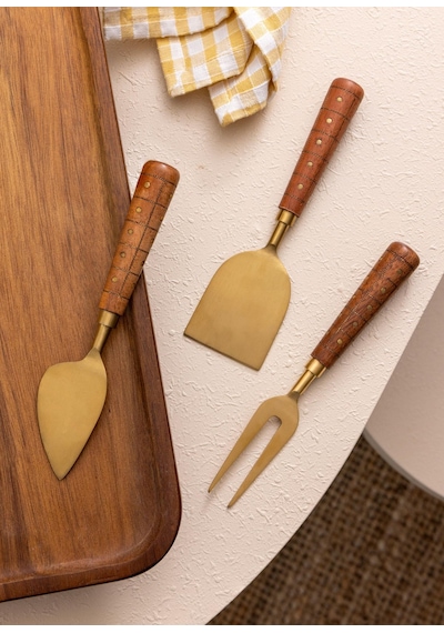 The Mia Wood Peynir Servis Takımı 3 Parça Gold