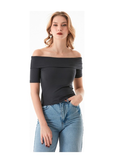 Fullamoda Basic Madonna Yaka Bluz 25ygb650126872-füme Füme