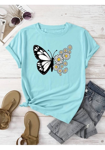 Uyguntarz Pamuklu Papatya Kelebek Tasarım Tshirt Bebe Mavisi