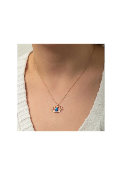 Gümüş Opal Taşlı Rose Lotus Çiçeği Kolye Gümüş Gümüş