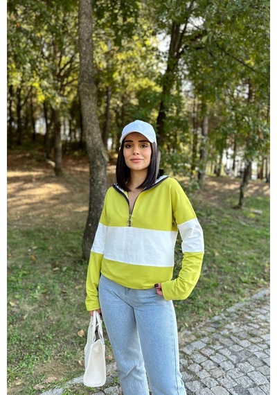 WeShaya Kadın Yağ Yeşili Uzun Kol, Dik Yaka, Fermuarlı, Double Color Block Basic Sweatshirt Bluz Yağ Yeşili WeShaya Kadın Yağ Yeşili Uzun Kol, Dik Yaka, Fermuarlı, Double Color Block Basic Sweatshirt Bluz Yağ Yeşili