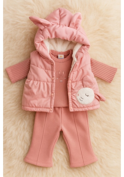 Uğur Bebe Kışa Meydan Okuyan Pembe 3 Lü Set: İçi Polar Kapüşonlu Şişme Yelek+kalın Tek Alt + Sweatshirt Pembe Pembe Uğur Bebe Kışa Meydan Okuyan Pembe 3 Lü Set: İçi Polar Kapüşonlu Şişme Yelek+kalın Tek Alt + Sweatshirt Pembe Pembe