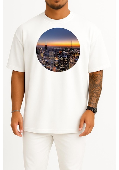 Bahriyeli Collection Oversize Los Angeles Şehir Merkezi Göğüs Tasarımlı Unisex T-shirt Beyaz