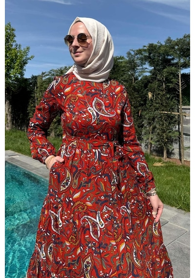 Rabia Şamlı Şal Desenli Elbise Kiremit Normal