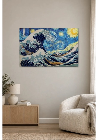 Fida Yıldızlı Gece İle Büyük Dalga Buluşması Canvas Tablo Çok Renkli
