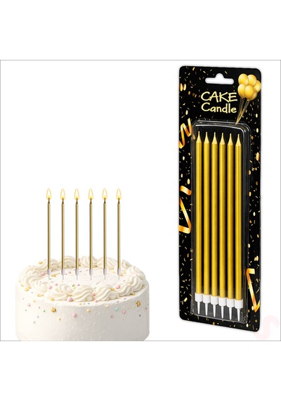 Metalik Altın İnce Uzun Pasta Mumu 19 Cm - 6 Adet