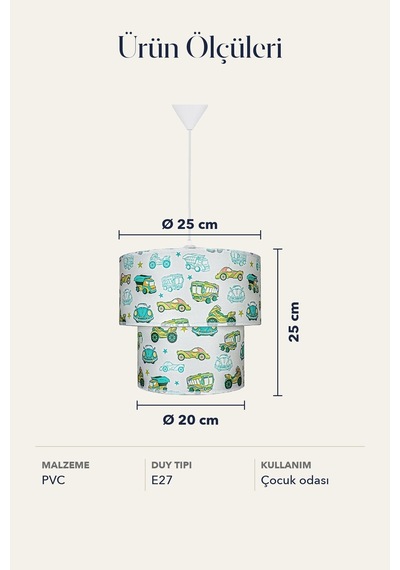 Şenay Aydınlatma Çocuk Odası İkili Silindir PVC Sarkıt Avize Yeşil Arabalar