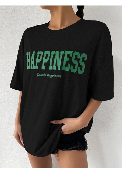 Siyah Oversize Happıness Baskılı T-shirt - Oversize Unisex Siyah