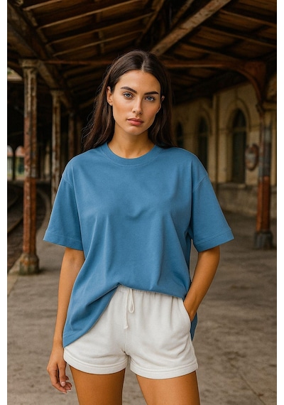 Kadın Mavi %100 Pamuk Oversize Basic Tişört Rahat Kalıp Relaxed Bisiklet Yaka T-shirt Çok Renkli