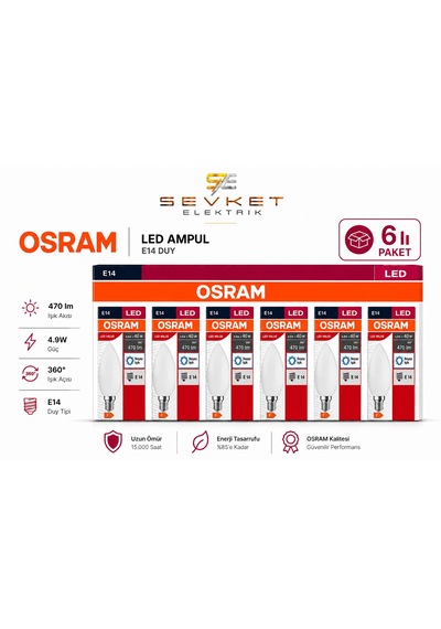 Osram 4.9w 40w 6'lı Paket Led Mum Ampul Beyaz Işık-6500k E14 6 Adet