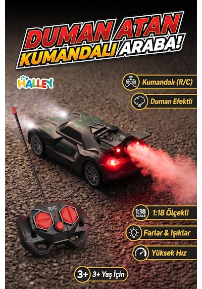 Duman Atan Kumandalı Araba 1:18 Ölçekli Yarış Arabası Işıklı R/c Oyuncak Siyah Yeşil
