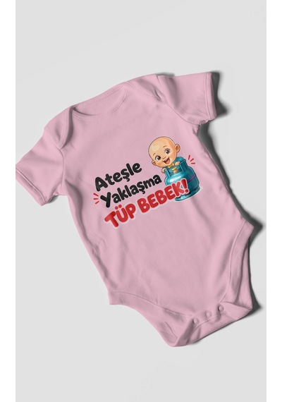 Morivokids Ateşle Yaklaşma Tüp Bebek Kısa Kollu Bebek Body %100 Pamuk Koyu Pembe