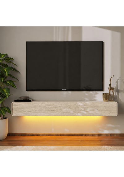İnarch Dizayn Alba Led Işıklı Duvara Monte Tv Sehpası - 3 Kapaklı Tasarım Traverten