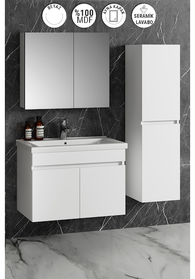 Çiğdem 80+35 Cm Beyaz Mdf Lavabolu Asma Banyo Dolabı Takımı Beyaz