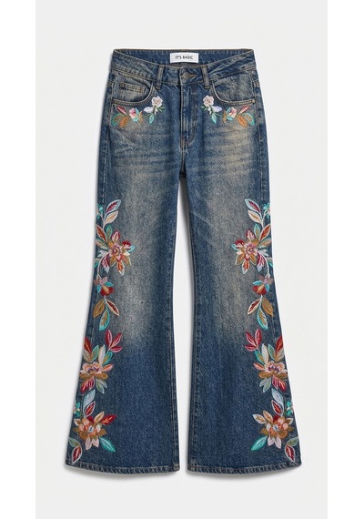 Kadın Kot Rengi 2w6-8 Flare Fit Nakış Detaylı Komfort Kumaş Özel Tasarım Denim Jean Mavi