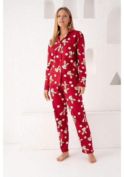 Siyah İnci Bordo Pamuklu Düğmeli Pijama Takım