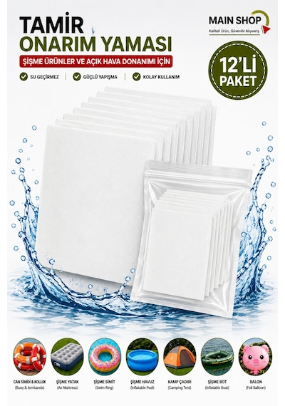 Mainshop 12'li Ekonomik Paket Güçlü Yapışkanlı Şişme Bot Ve Havuz Tamir Yaması M-51