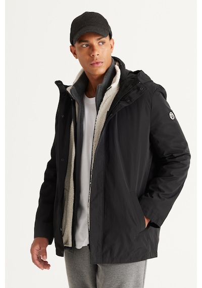 AC&Co / Altınyıldız Classics Erkek Sıyah Standart Fit Normal Kesim Kapüşonlu Dik Yaka Trençkot Siyah