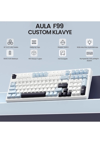 Aula F99 3 Modlu Rgb Hot Swap Mekanik Reaper Switch Kablosuz Makrolu Klavye Lacivert