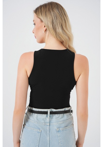 Bigdart Kadın Halter Yaka Çıtçıtlı Body 972 - Siyah