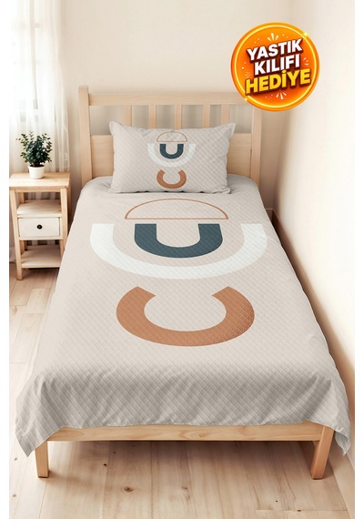 Geometrik Bej Boho Genç Odası Tek Kişilik Pike Takımı - Terracotta Antrasit 160x220 Cm Yatak Örtüsü Pembe