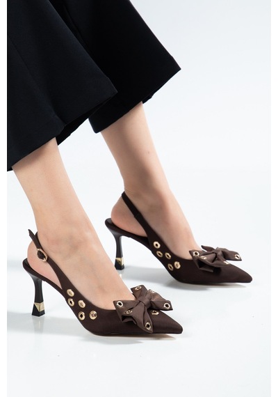Kadın İnce Topuklu Stiletto Kahverengi Saten Fiyonklu-4690 Kahve Cilt