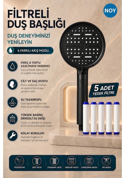 Duş Başlığı Seti Filtreli Duş Başlığı 6 Fonksiyonlu 5 Yedek Filtre Hediyeli Premium Serisi Siyahmat