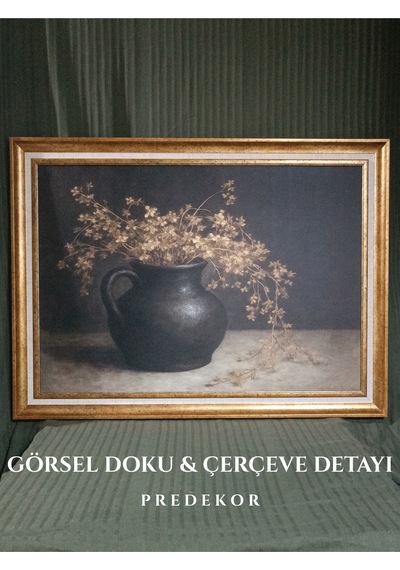 Vintage Gold Çerçeveli Natürmort Siyah Saksı Dekoratif Tablo 60x80 Cm