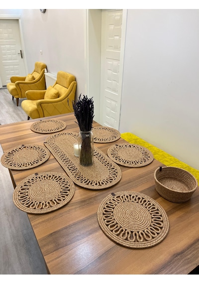 Senza Atelier 7 Parça Jüt Supla Ve Runner Seti - El Örmesi Hasır Yemek Masası Takımı Jüt Hasır