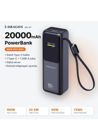 Dr-07 20000mah 100w Hızlı Şarj Powerbank Dijital Ekranlı Dahili Type-c Kablolu Dizüstü Uyumlu Gri