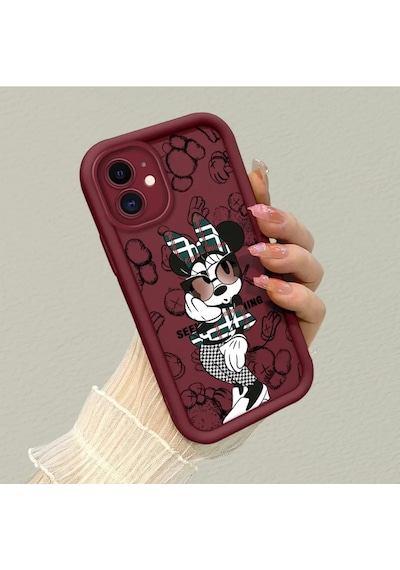iPhone 11 Uyumlu Bordo Silikon Darbeye Dayanıklı Lens Korumalı Mickey Deseni Kılıfı