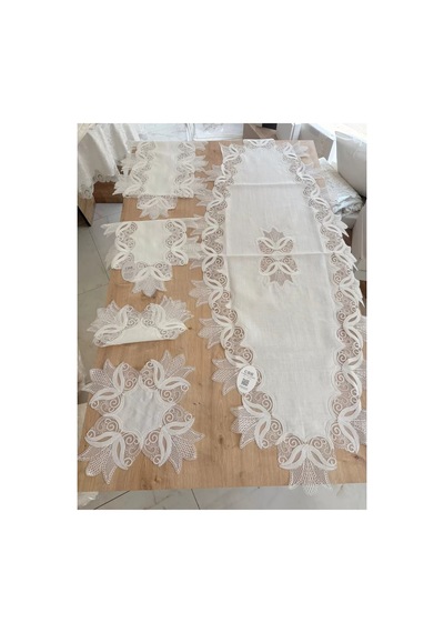 Salon Takımı Çeyizlik Kreme Krem Runner Set 5 Parça Keten Ranır Masa Konsol Sehpa Örtüsü Kayla Çok Renkli