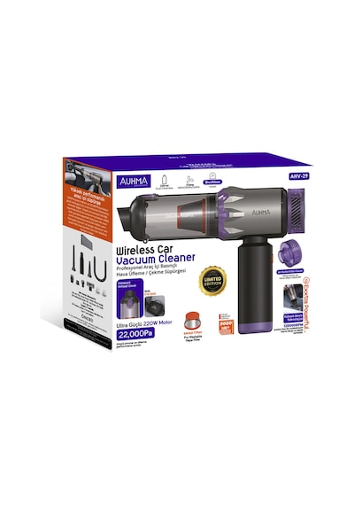 Auhma Ahv-29 Kablosuz Araç Süpürgesi 220w 22000pa Güçlü Vakum & Üfleme Özellikli Şarjlı Oto Süpürge Gri
