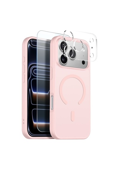 Teleplus Apple Uyumlu iPhone 17 Pro Kılıf Babet Translucent 3in1 Msafe Şarj Özellikli Kapak + Ekran Koruyucu Pembe