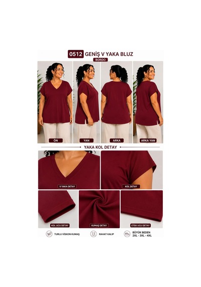 Gülmina Moda Geniş V Yaka Büyük Beden Rahat Kesim Kısa Kol Bluz - Bordo