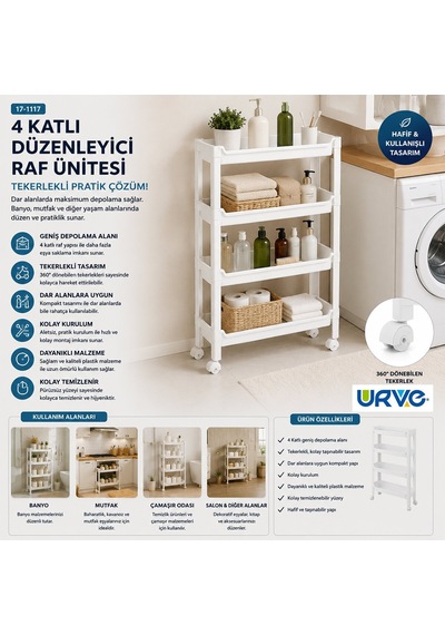 Urve Ur-3587 Rafty 4 Katlı Tekerlekli Sepet Organizer Raf Ünitesi 465x145x670 Mm Diğer
