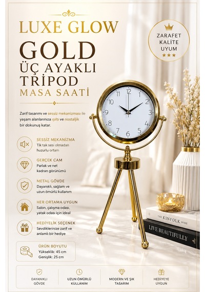 Luxe Glow Gold Üç Ayaklı Metal Masa Saati