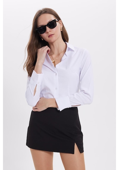 Tudors Kadın Slim Fit Dar Kesim Klasik Yaka Uzun Kollu Beyaz Gömlek-40337 Beyaz