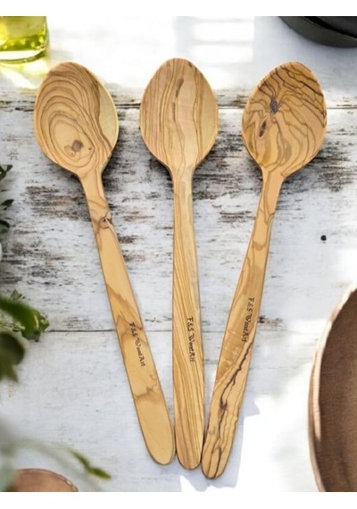 F&amp S Woodart 3 Adet Edremit Zeytin Ağacı Doğal Ahşap El Yapımı Tahta Kaşık Yemek Kaşığı 29 Cm Tencere Ka Diğer