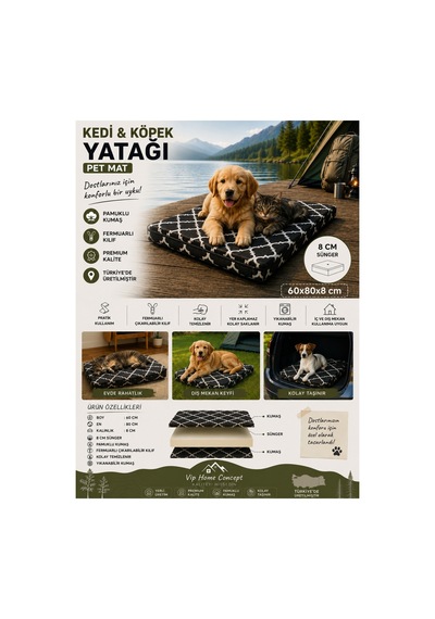 Kedi Köpek Yatağı Süngerli Fermuarlı Yıkanabilir Kılıflı Köpek Minderi 60x80x8 Cm-karaçatı