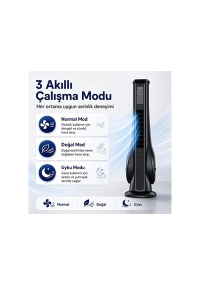 Turbo Smart Akıllı Fan Led Ekranlı Kumandalı 90 Hareketli Serinletici Soğutucu Kule Tipi Vantilatör