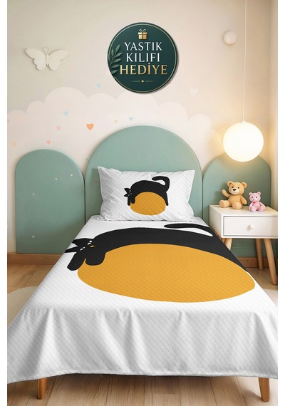 Minimal Kedi Sarı Genç Odası Tek Kişilik Pike Takımı-siyah Modern 160x220cm Kapitone Yatak Örtüsü Kabuğu Kahve Dokunuşu