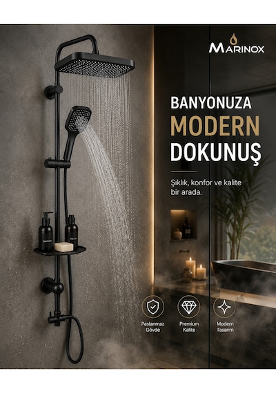 Manasır Mat Siyah Premium Lük Tepe Duş Seti