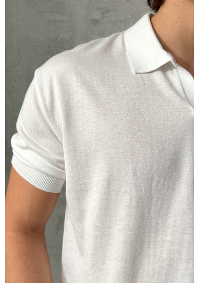 Erkek Oversize Pamuklu Polo Yaka Triko T-shirt Beyaz