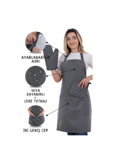 Simple 3lü Set Ayar Askılı Mutfak Önlüğü Seti Eldiven, Tutacak Füme