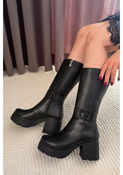 Preshley Kadın Moki Siyah 7 Cm Topuklu Yandan Fermuarlı Çizme