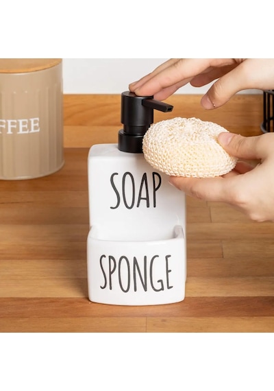 Sıvı Sabunluk Ve Süngerlik Seti Mutfak Banyo Düzenleyici, Seramik Sabunluk Pompalı, Sünger Or Beyaz